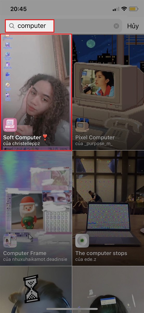 Nhập từ khóa computer và chọn filter máy tính trên Instagram mà bạn muốn sử dụng