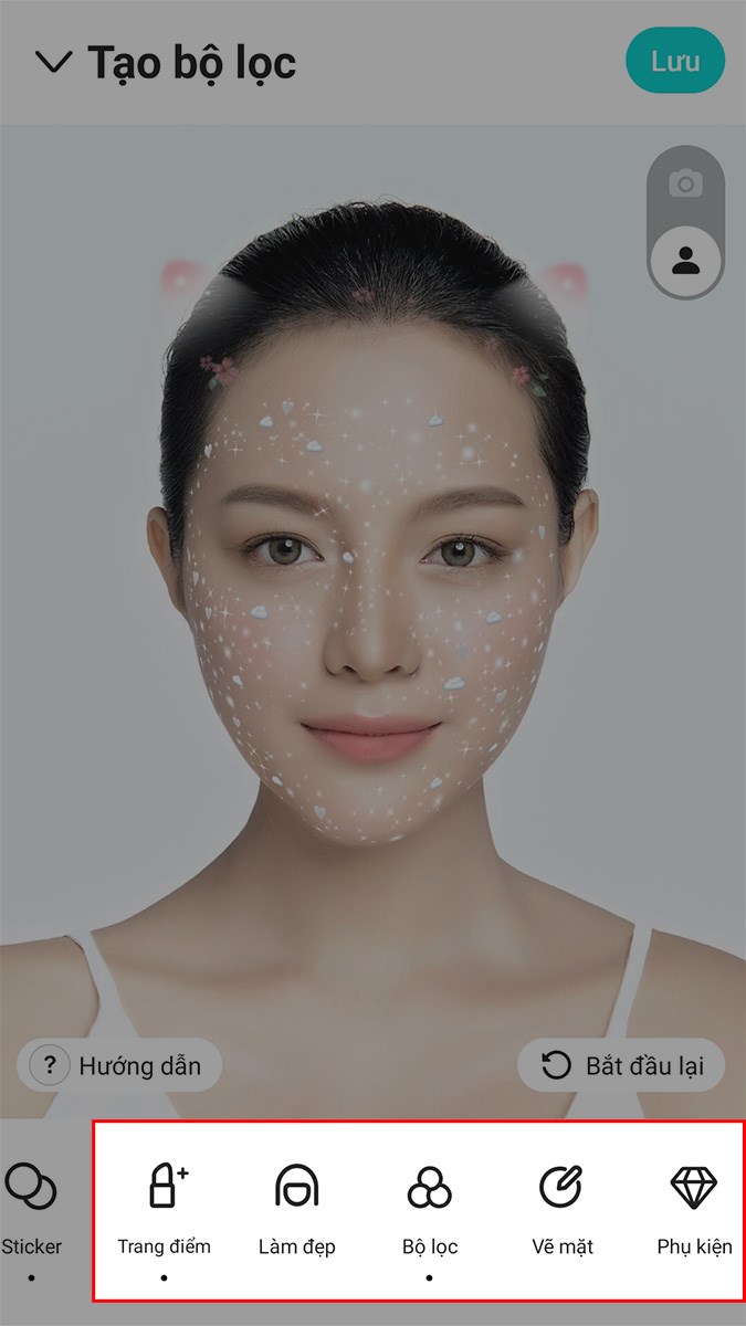 ử dụng c&aacute;c c&ocirc;ng cụ trang điểm, l&agrave;m đẹp, bộ lọc,... để &aacute;p dụng v&agrave;o hiệu ứng sticker