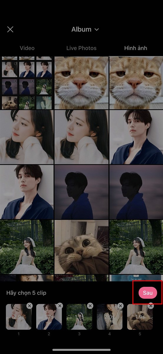 Chọn những h&igrave;nh ảnh m&agrave; bạn muốn gh&eacute;p ảnh th&agrave;nh video tr&ecirc;n B612 > Chọn Sau