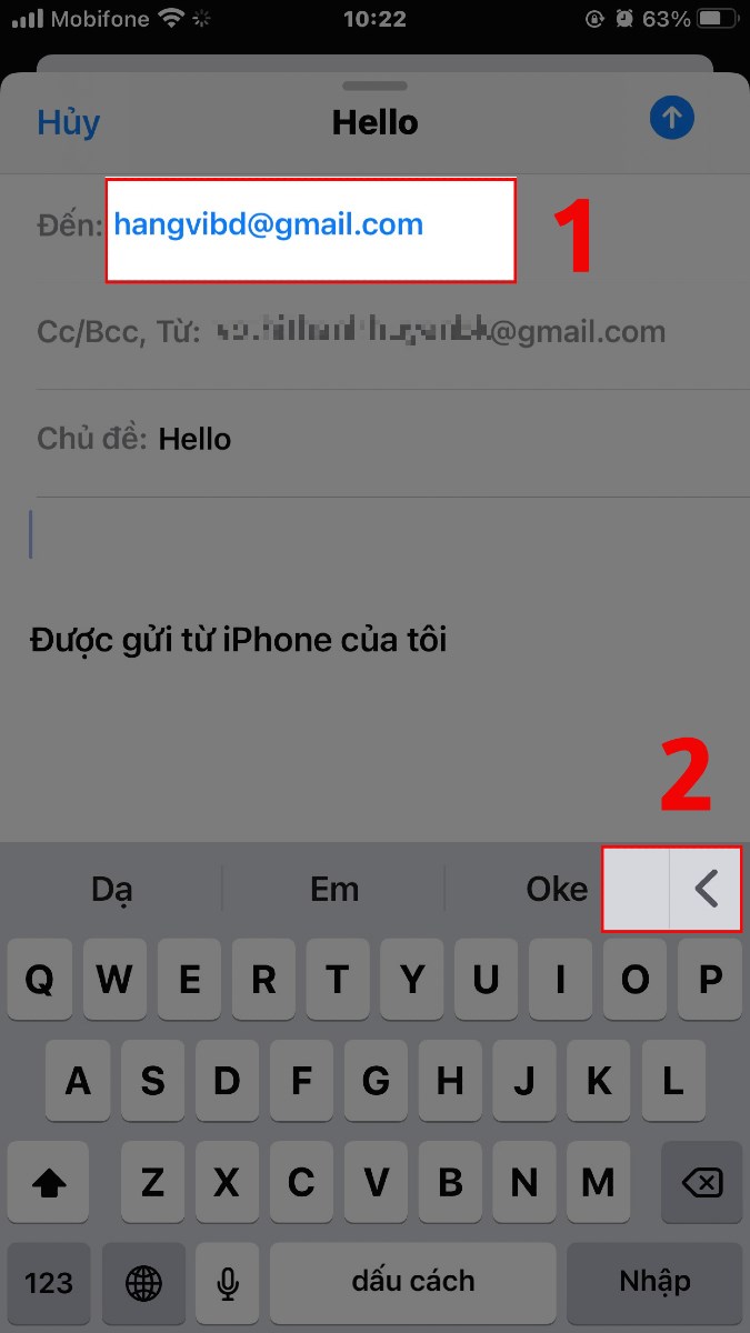 Nhập địa chỉ email người nhận và bấm vào biểu tượng dấu <