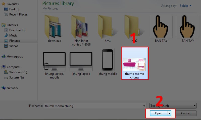 Chọn ảnh/thư mục ảnh và nhấn Open