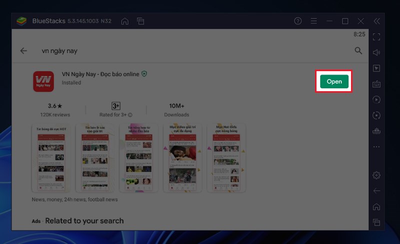 chọn Open để mở ứng dụng VN Ng&agrave;y Nay