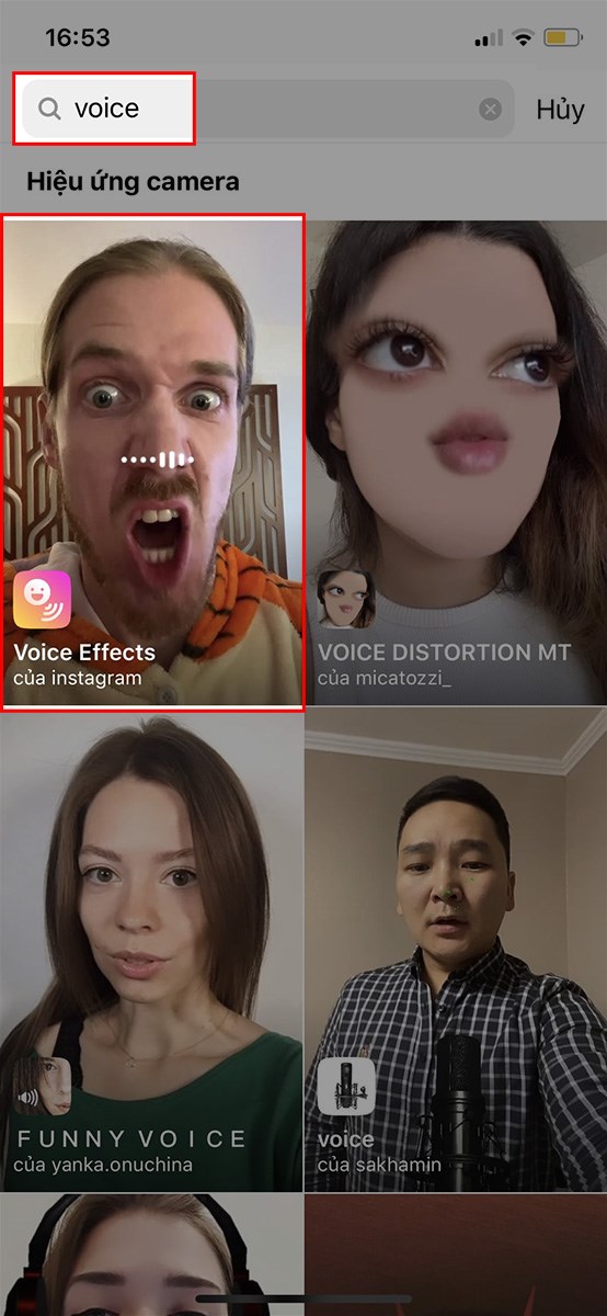 Nhập từ khóa voice và chọn filter đổi giọng trên Instagram mà bạn muốn sử dụng