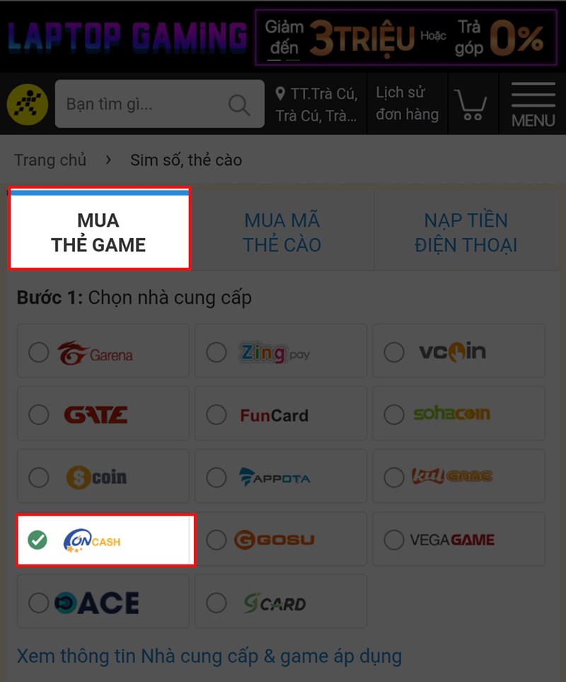 Chọn thẻ OnCash