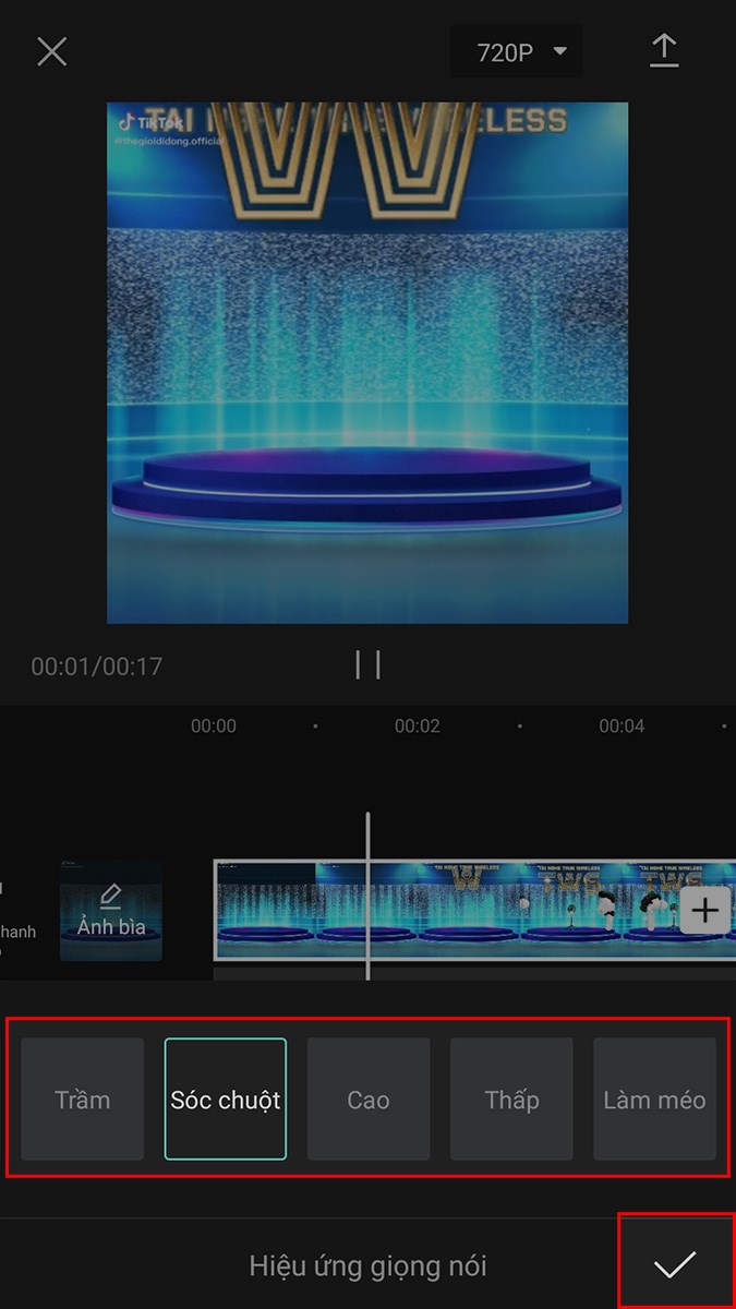 Chọn c&aacute;c hiệu ứng giọng n&oacute;i tr&ecirc;n Capcut m&agrave; bạn muốn sử dụng > Chọn biểu tượng dấu t&iacute;ch