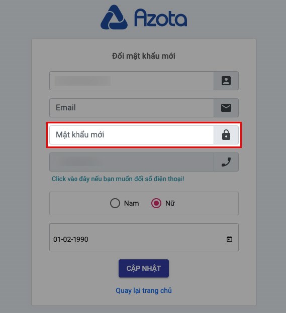 Nhập mật khẩu mới cho tài khoản Azota của bạn