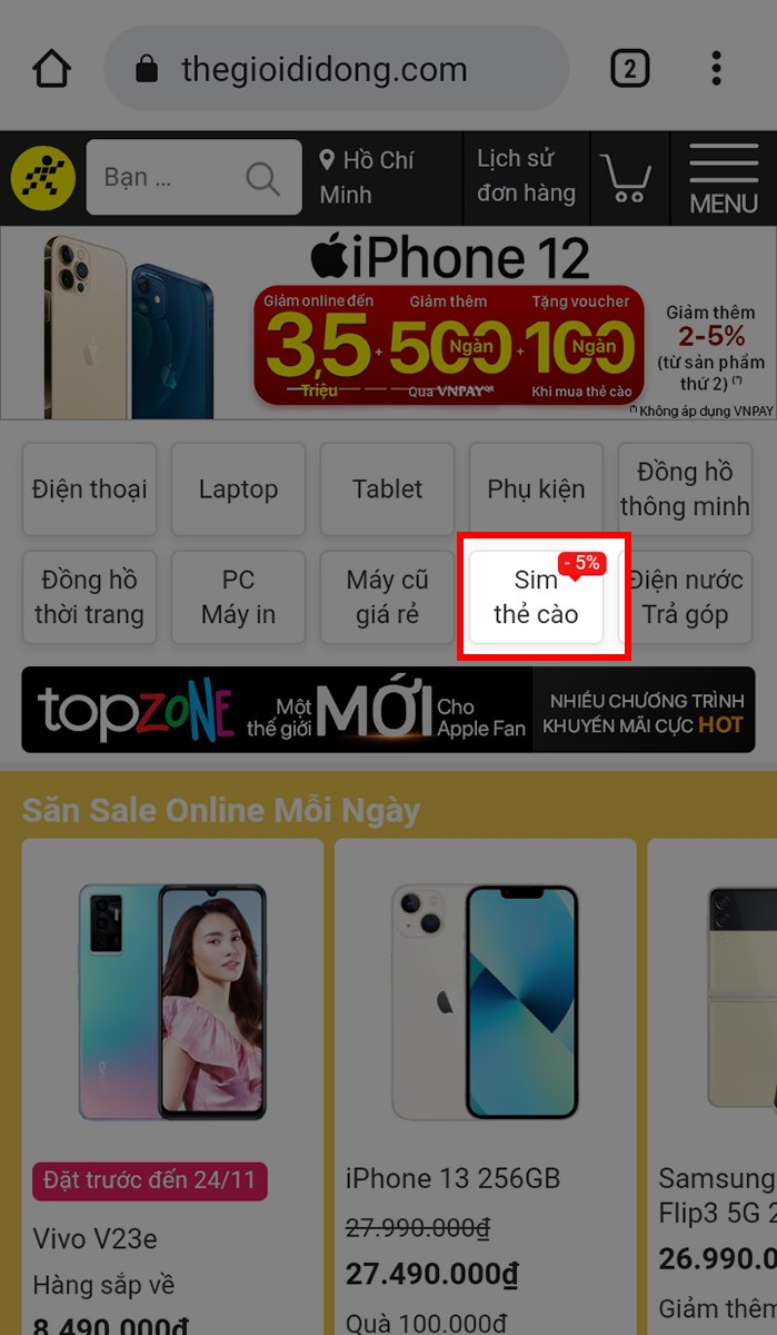 Chọn mục Sim, thẻ cào