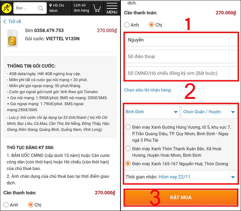 Điền th&ocirc;ng tin v&agrave; nhấn Đặt mua