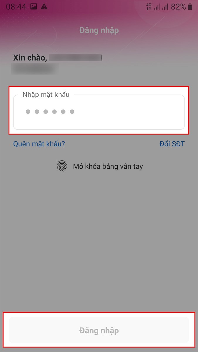 Đăng nhập lại t&agrave;i khoản Momo với mật khẩu mới > Chọn Đăng nhập