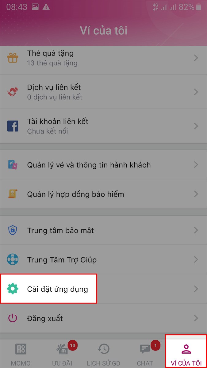 Mở ứng dụng Momo, chọn V&iacute; của t&ocirc;i > Chọn C&agrave;i đặt ứng dụng