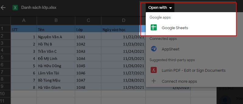 Click vào Open with và chọn Google Sheets 