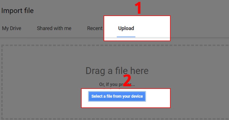 Nhấn vào mục Upload và chọn Select a file from your device