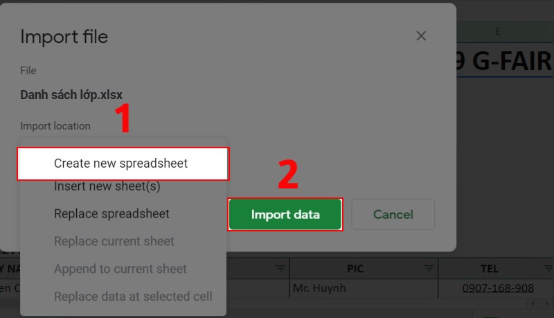 Chọn Create new spreadsheet và click vào nút Import data 