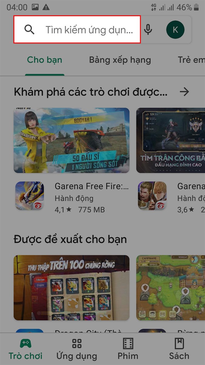 Nhập YouTube v&agrave;o khung t&igrave;m kiếm ứng dụng