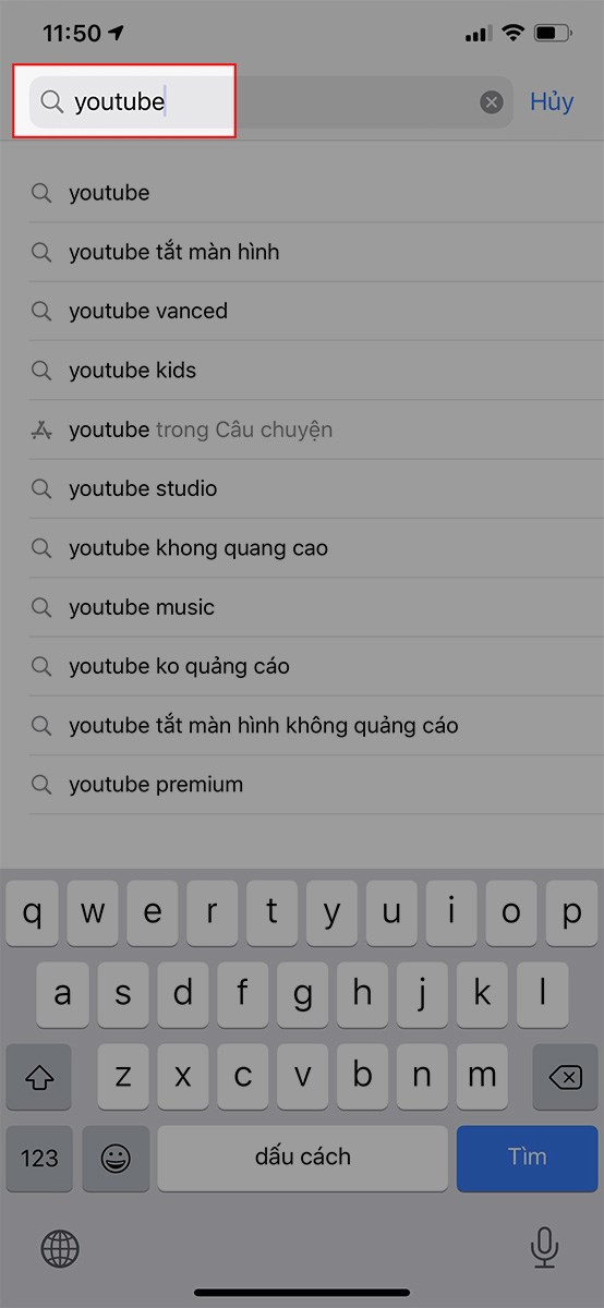 Nhập YouTube vào hộp ứng dụng Tìm kiếm