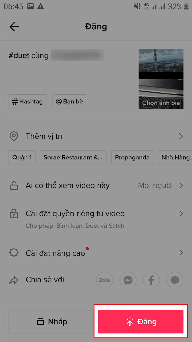 Chọn Đăng để tải video lên TikTok hoặc chia sẻ với bạn bè qua Facebook, Zalo,...