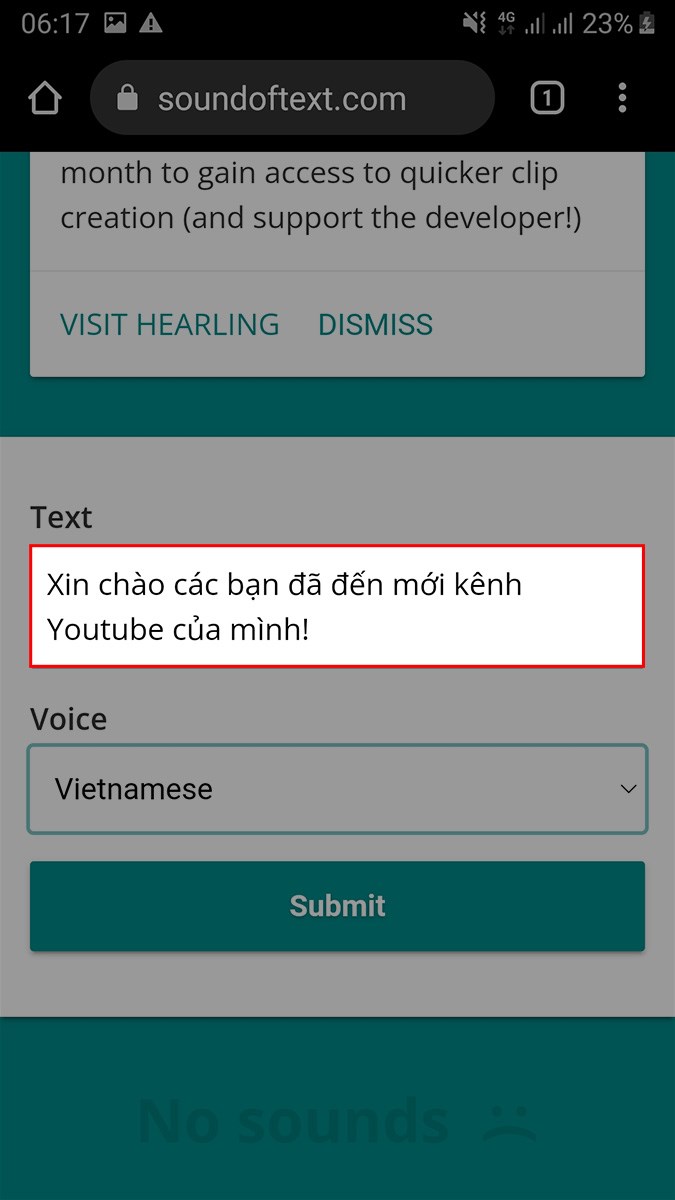 hập nội dung văn bản mà bạn muốn chuyển thành giọng nói vào khung Text