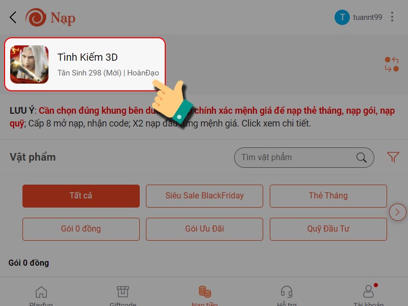 Chọn nhân vật game bạn muốn nạp