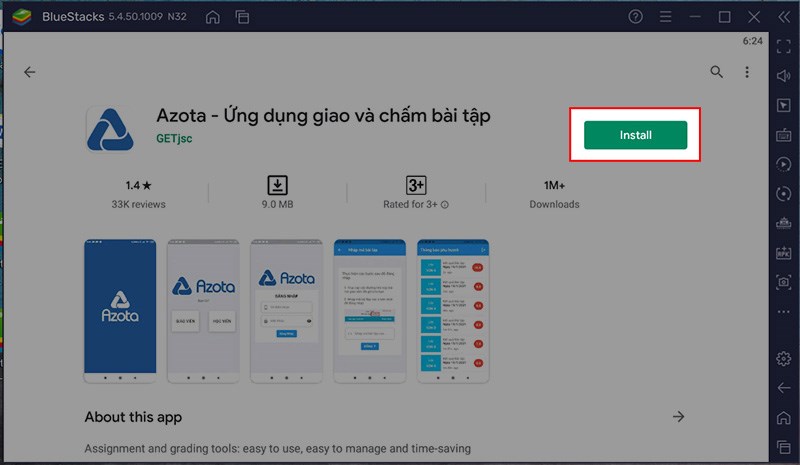 Chọn ứng dụng Azota > Nhấn Install