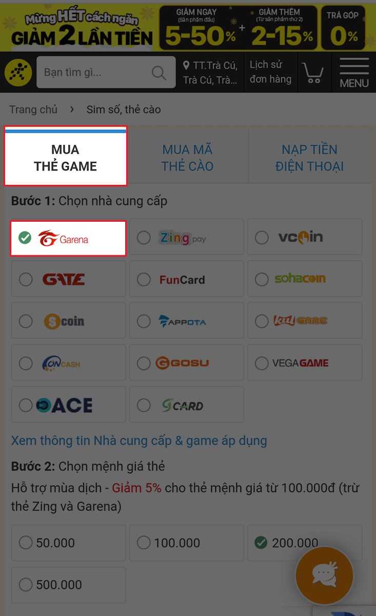 Chọn thẻ Garena