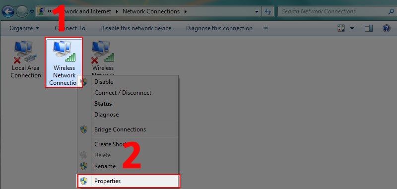 Click chuột phải vào Wireless Network Connection và chọn Properties