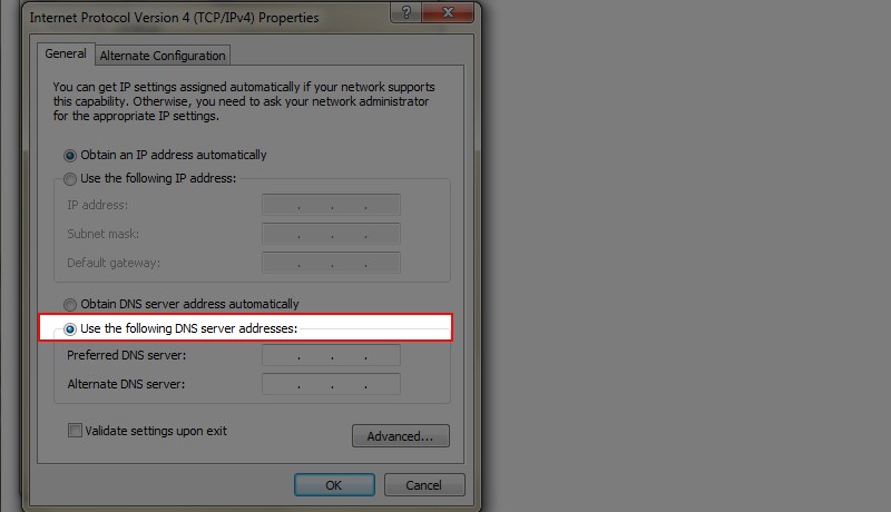 Tick chọn mục Use the following DNS server addresses