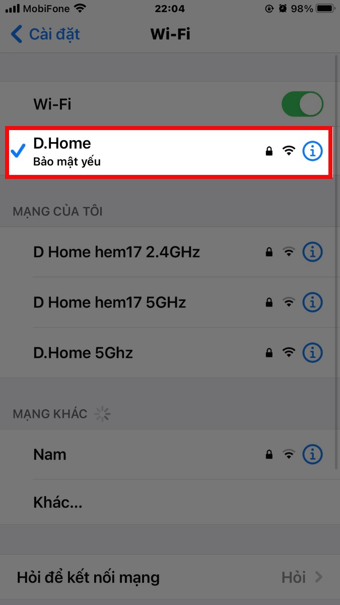 Bấm chọn vào tên wifi đang sử dụng