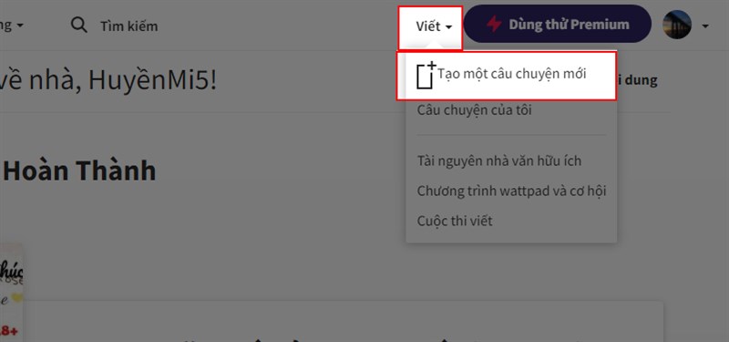 Nhấn vào mục Viết và chọn Tạo một câu chuyện mới