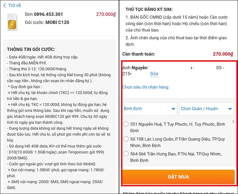 Điền thông tin và nhấn Đặt mua