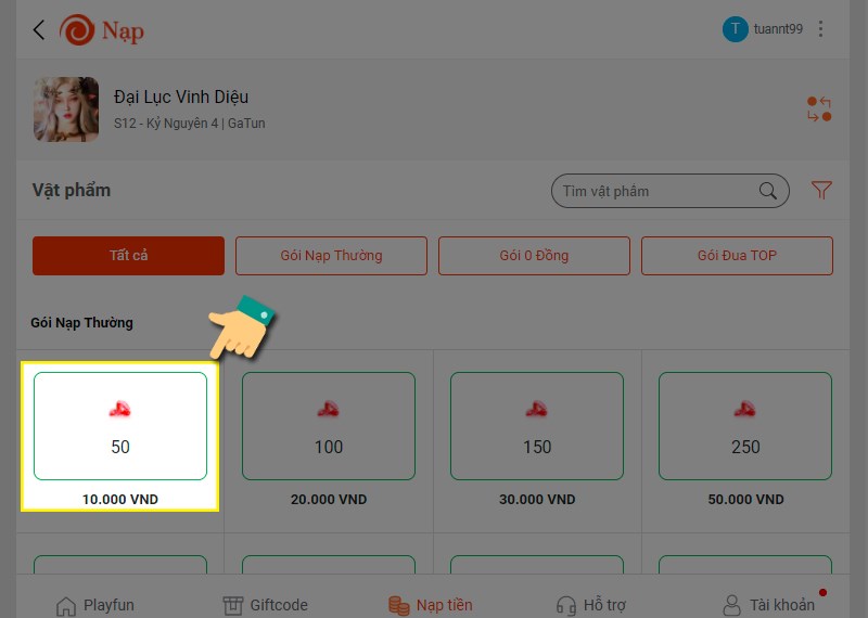 Chọn g&oacute;i nạp