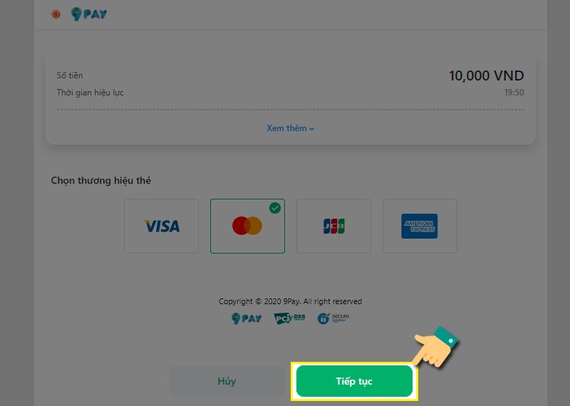 Chọn thẻ v&agrave; nhấn tiếp tục