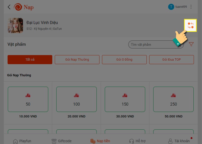 Chọn n&uacute;t chuyển đổi