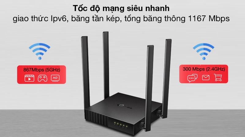 Router Wifi Chuẩn AC1200 TP-Link Archer C54 Đen