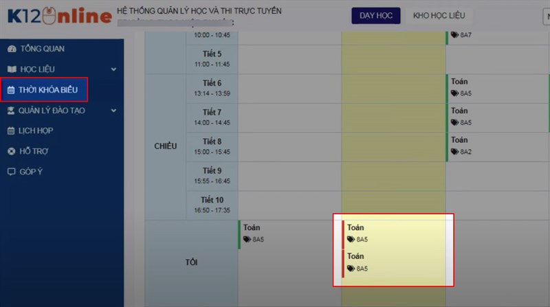 Chọn THỜI KHÓA BIỂU > Nhấn vào khung giờ muốn diễn ra buổi kiểm tra Chọn THỜI KHÓA BIỂU > Nhấn vào khung giờ muốn diễn ra buổi kiểm tra