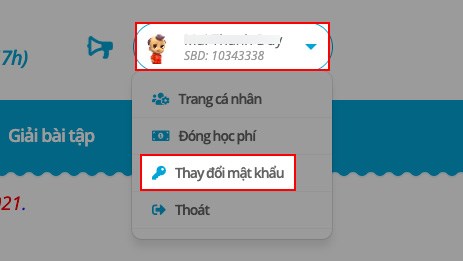 Nhấn v&agrave;o t&ecirc;n t&agrave;i khoản > Chọn Thay đổi mật khẩu