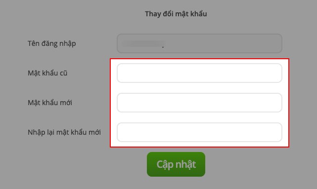 Nhập mật khẩu cũ, mật khẩu mới và nhập lại mật khẩu mới