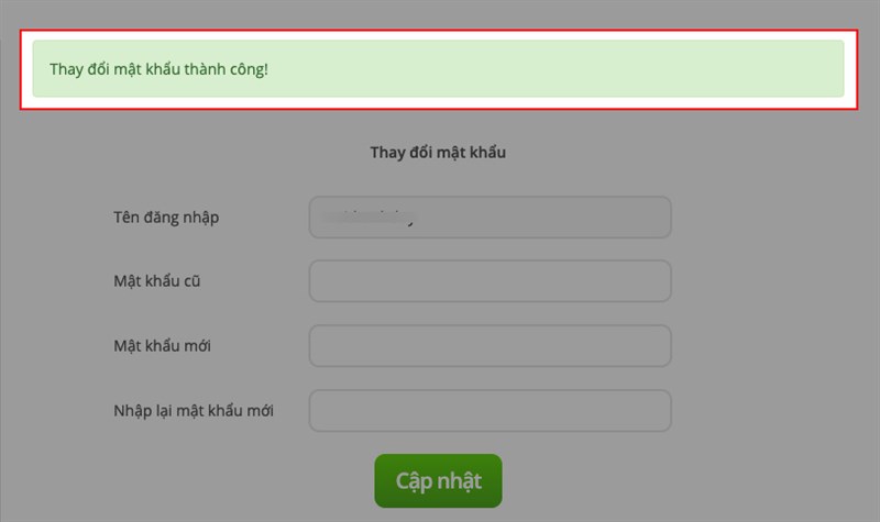 Và đây là thông báo xác nhận đổi mật khẩu Trạng Nguyên Tiếng Việt thành công