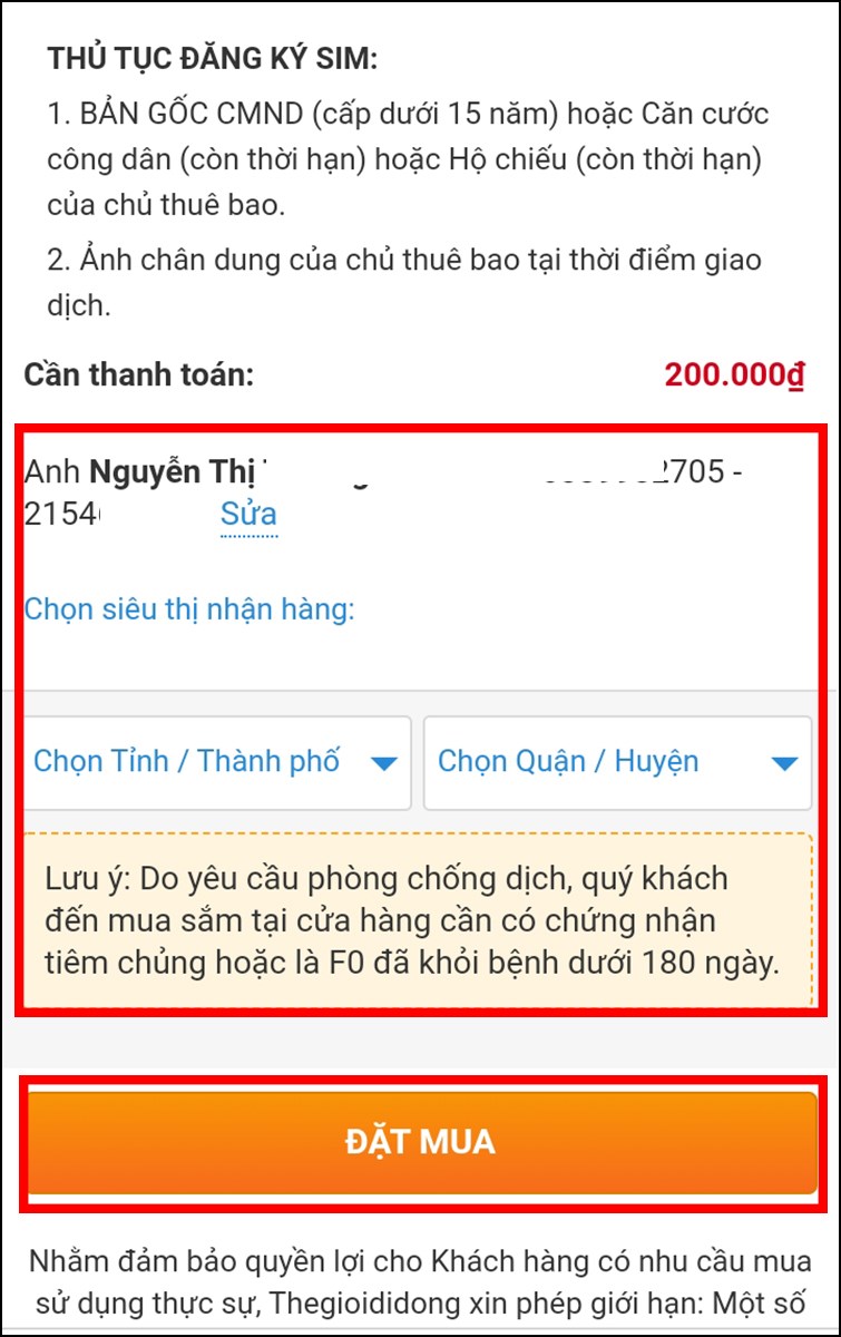 Điền thông tin và nhấn Đặt mua