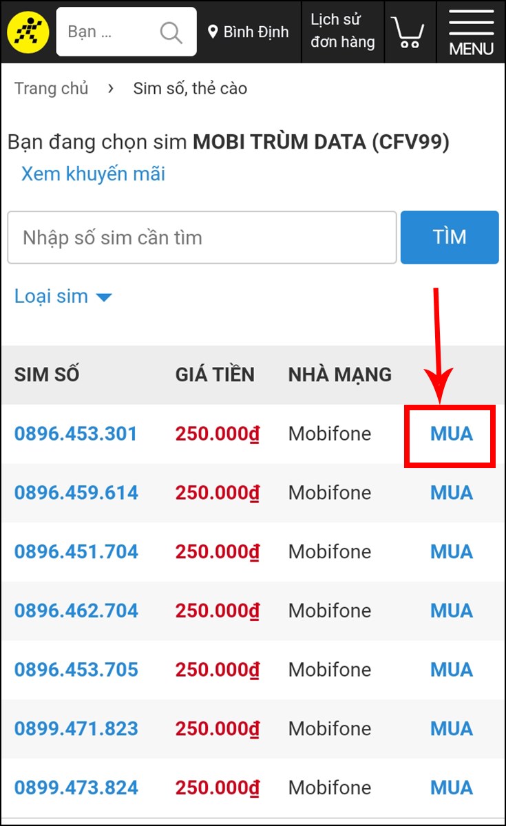 Lướt t&igrave;m số điện thoại y&ecirc;u th&iacute;ch v&agrave; nhấn Mua