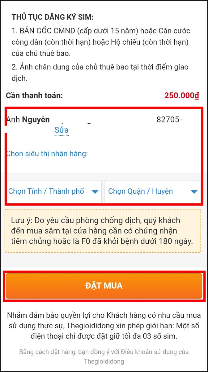 Điền th&ocirc;ng tin v&agrave; nhấn Đặt mua