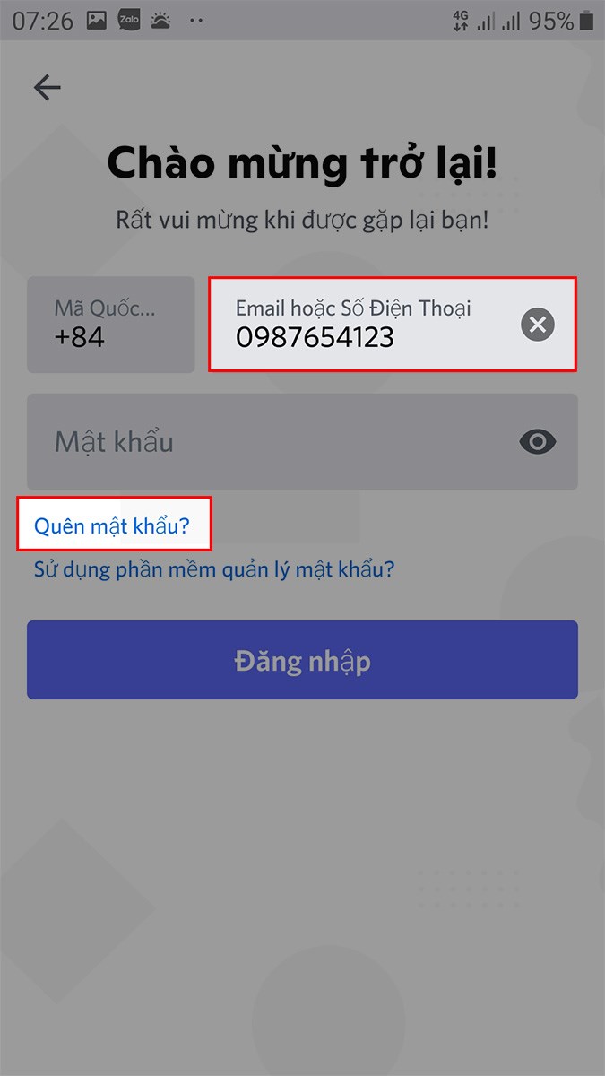 Điền email hoặc số điện thoại bạn đ&atilde; sử dụng đăng k&yacute; t&agrave;i khoản Discord > Chọn Qu&ecirc;n mật khẩu