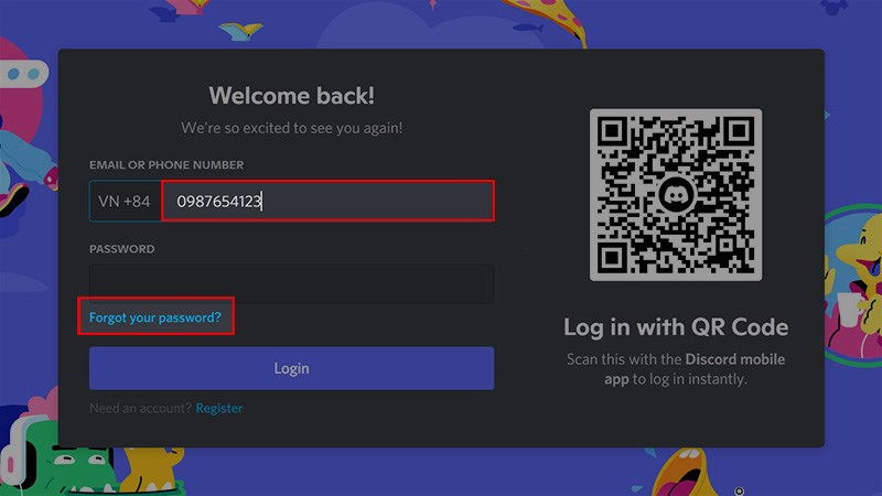 Điền email hoặc số điện thoại bạn đ&atilde; sử dụng đăng k&yacute; t&agrave;i khoản Discord > Chọn Forgot your password