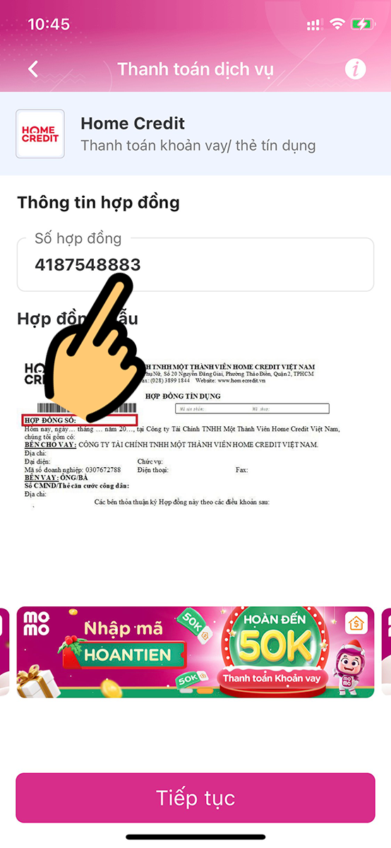 Nhập số hợp đồng và bấm Tiếp tục để hoàn tất