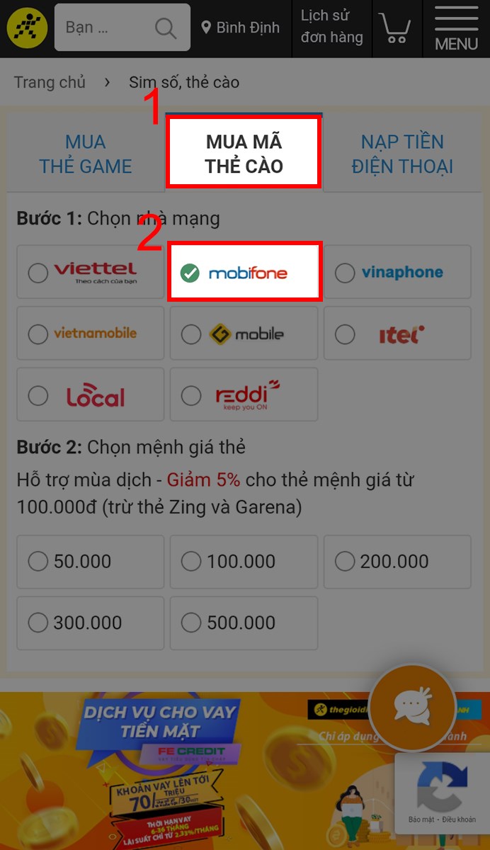 Chọn mục Mua mã thẻ cào và chọn nhà mạng Mobifone