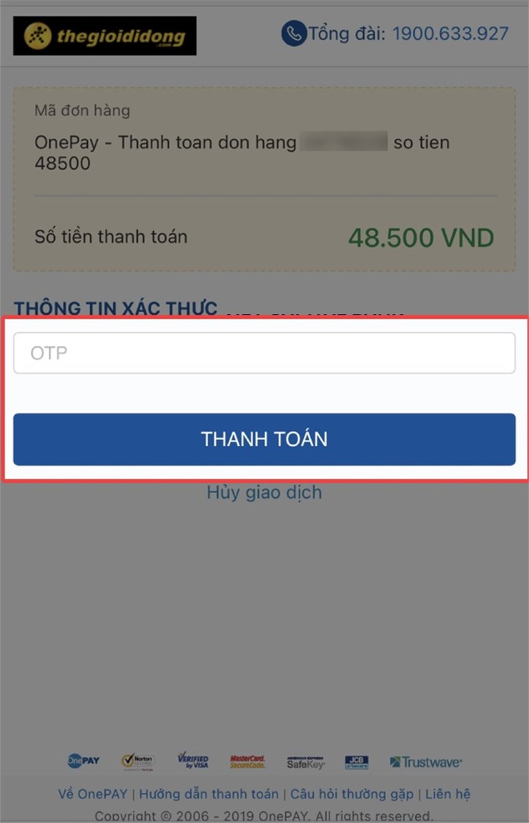 Nhập mã OTP và nhấn Thanh toán