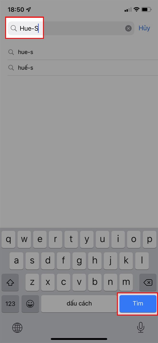 Nhập Hue S v&agrave;o khung t&igrave;m kiếm > Chọn T&igrave;m