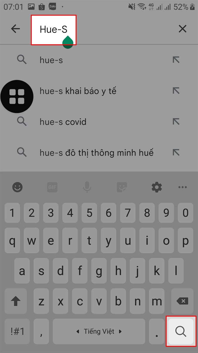 Nhập Hue S v&agrave;o khung t&igrave;m kiếm > Chọn biểu tượng t&igrave;m kiếm