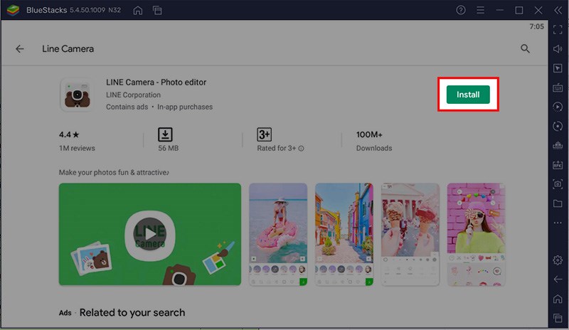 Chọn ứng dụng Line Camera > Nhấn Install