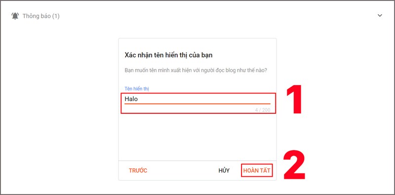 Nhập tên bạn muốn hiển thị với người đọc và bấm Hoàn tất