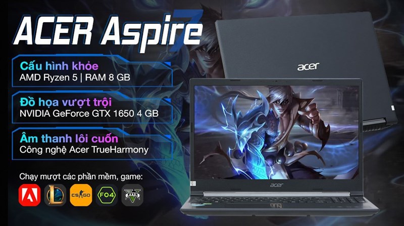 Acer Aspire 7 Gaming có cấu hình mạnh mẽ đủ để làm việc và giải trí. Acer Aspire 7 Gaming có cấu hình mạnh mẽ đủ để làm việc và giải trí.